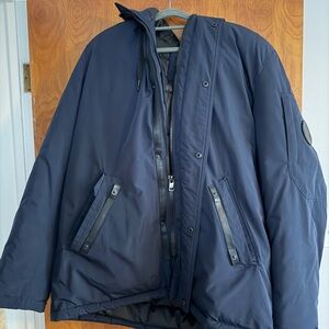 Calvin Klein Dark Blue Coat Jacket fur hood